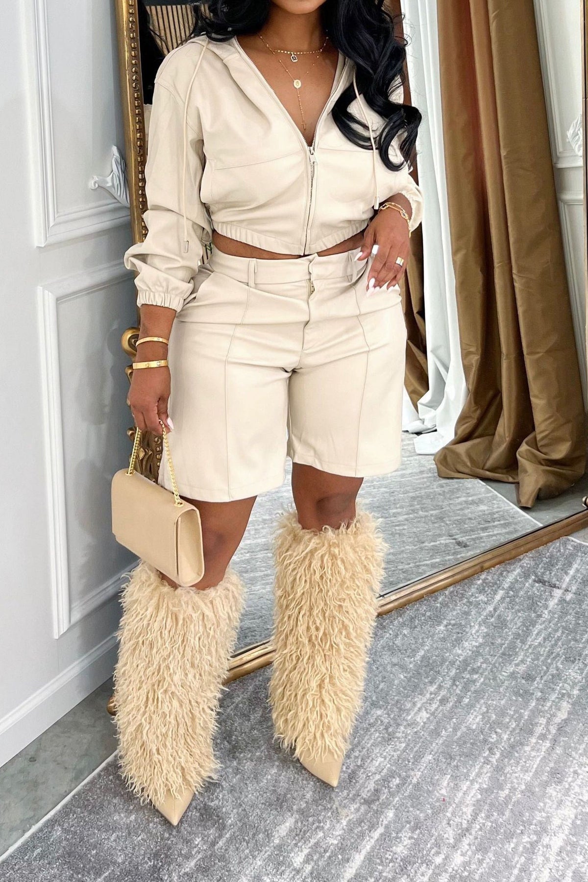 Faux Leather Hooded & Shorts Set Lavish Daily