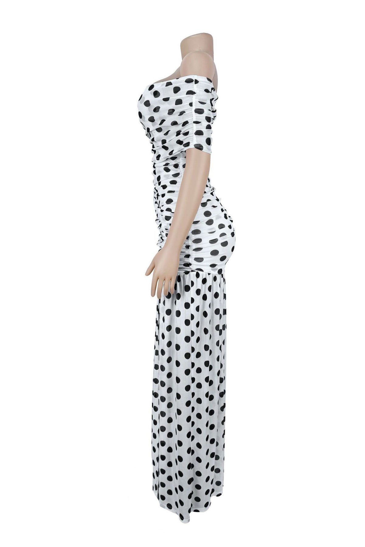 Off-Shoulder Polka Dot Ruched Maxi Dress Lavish Daily