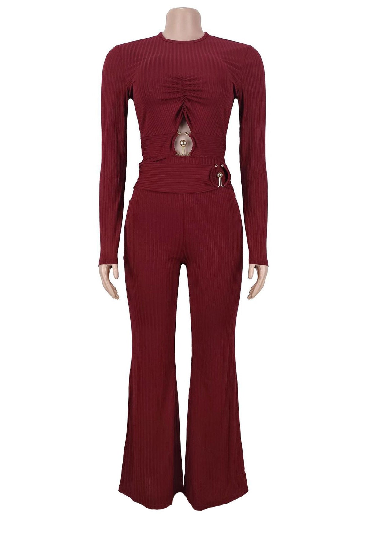 Ribbed Cutout Long-Sleeve Flared Jumpsuit Lavish Daily