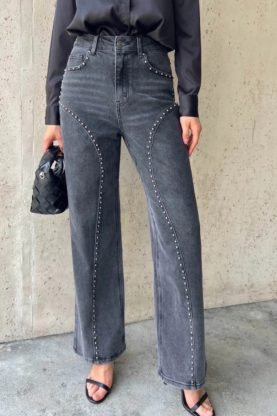 Studded Curved Seam High Waist Wide Leg Jeans Lavish Daily
