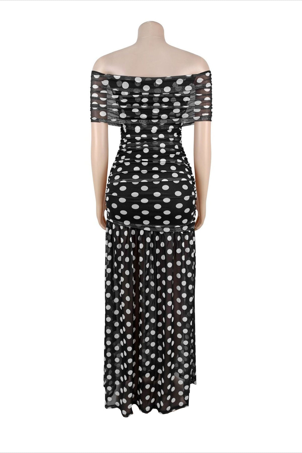 Off-Shoulder Polka Dot Ruched Maxi Dress Lavish Daily