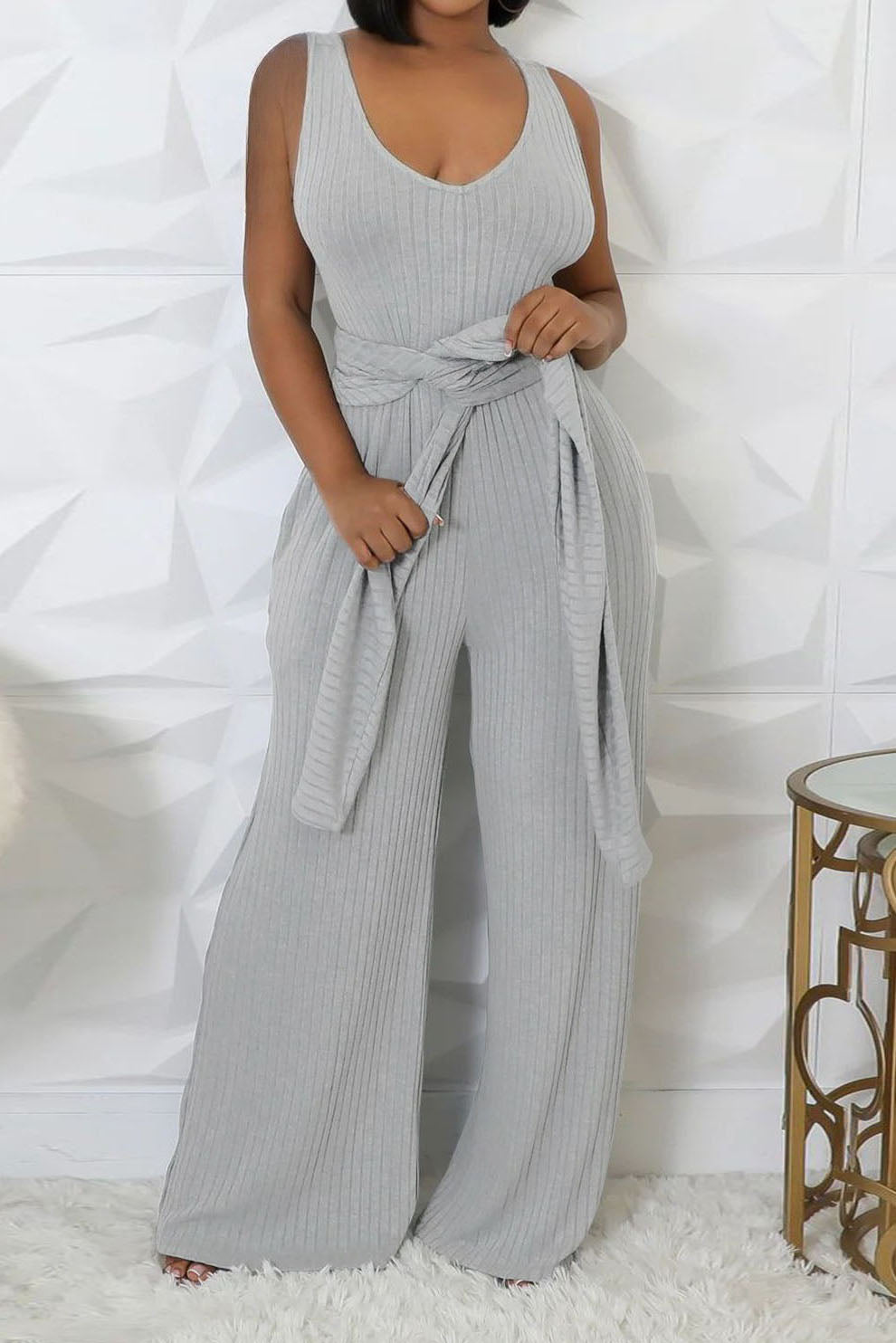 2-Piece Ribbed Knit Tank Jumpsuit & Cropped Top Set Lavish Daily