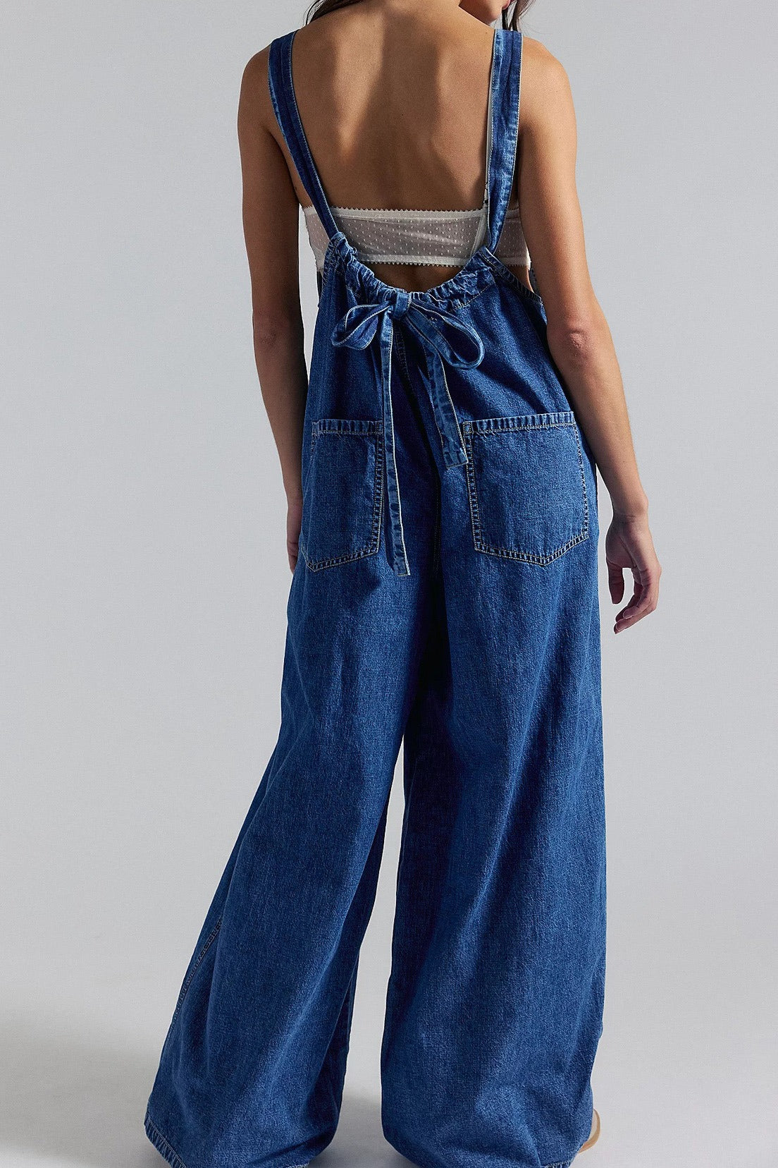 Slouchy Tie-Back Wide Leg Denim Jumpsuit Lavish Daily