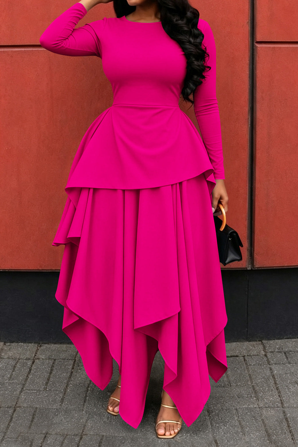 Long-Sleeve Ruffle Hem High-Low Dress Lavish Daily