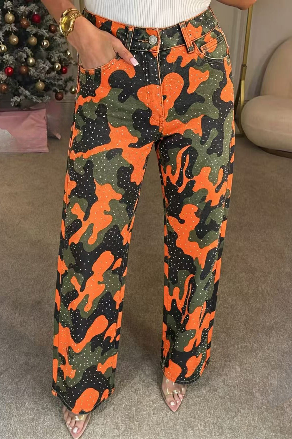 Rhinestone Camo Straight Leg Jeans Lavish Daily
