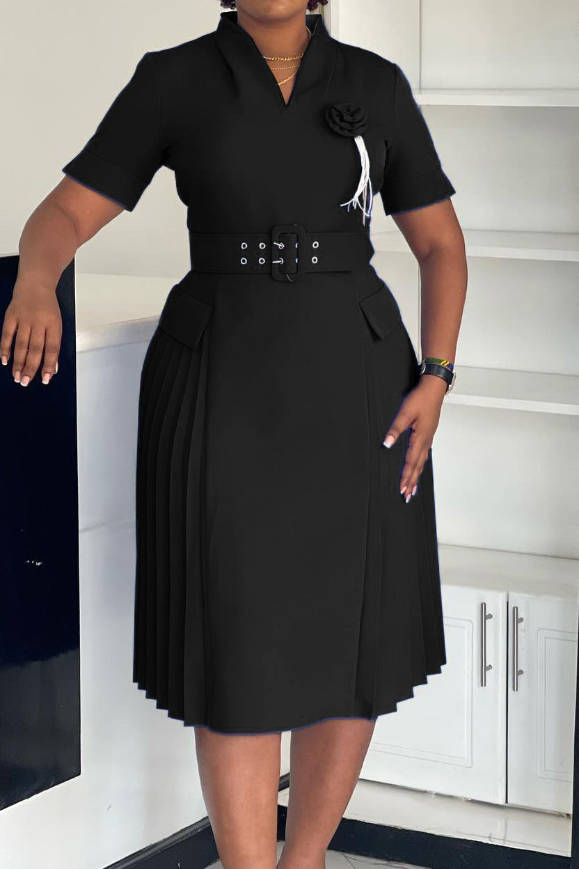 V-Neck Solid Color Plus Size Pleated Dress Lavish Daily