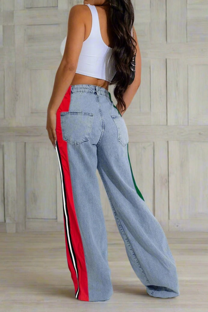 Wide Jeans with Wide Contrast Side Lines-Light Blue Lavish Daily