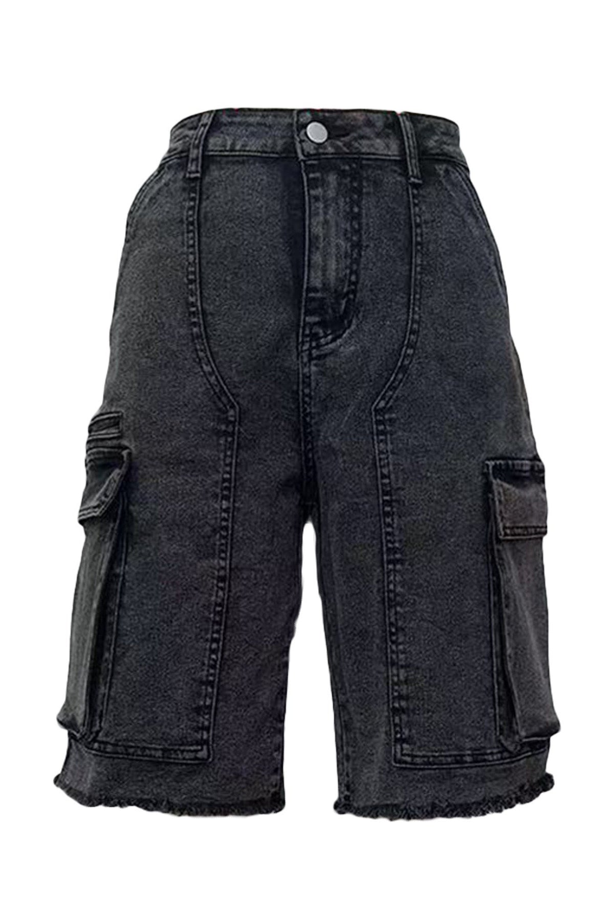 Vintage Wash Raw Hem Denim Cargo Jorts Lavish Daily