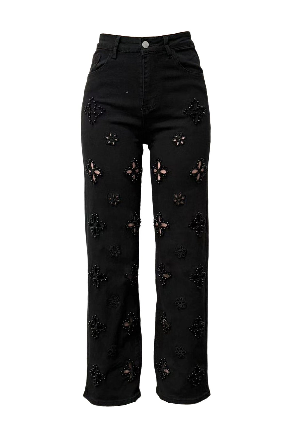 Pearl Embellished Floral Cutout Jeans Lavish Daily