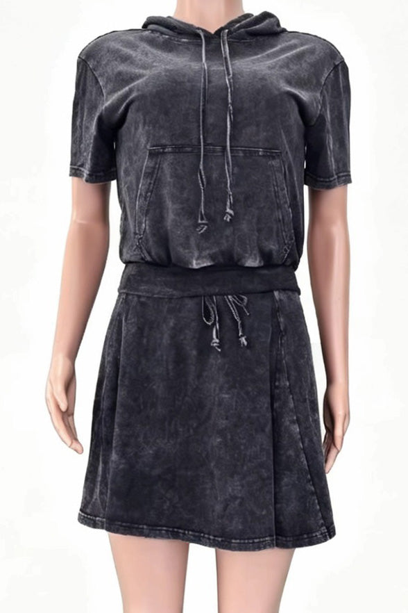 Mineral Wash Short Sleeve Hoodie & Skater Skirt Set Lavish Daily