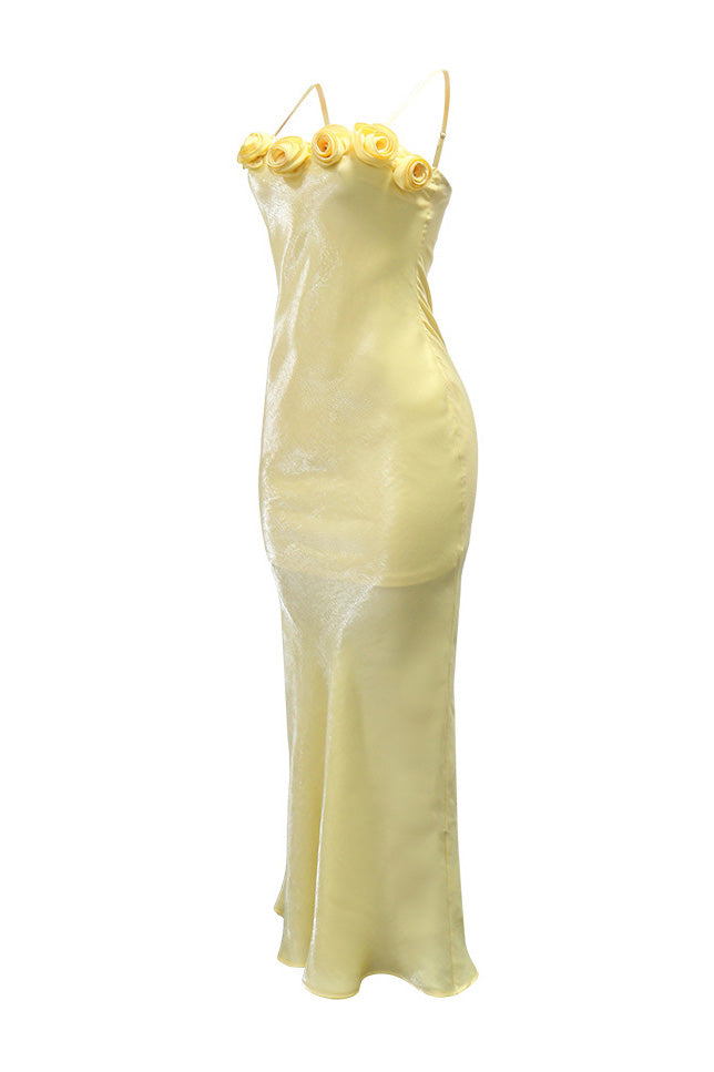 3D Floral Rosette Satin Maxi Dress Lavish Daily