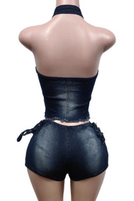 Edgy Zip-Up Halter Denim Set Lavish Daily