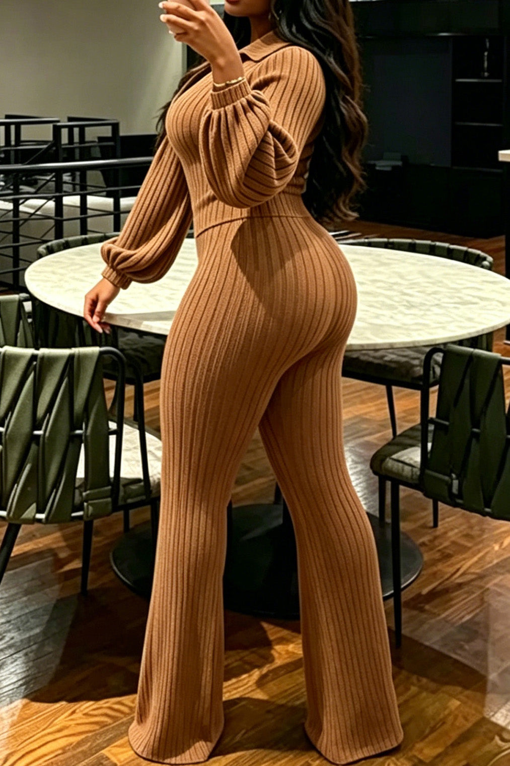 Ribbed Knit Collared Flare Pant 2-Piece Set Lavish Daily
