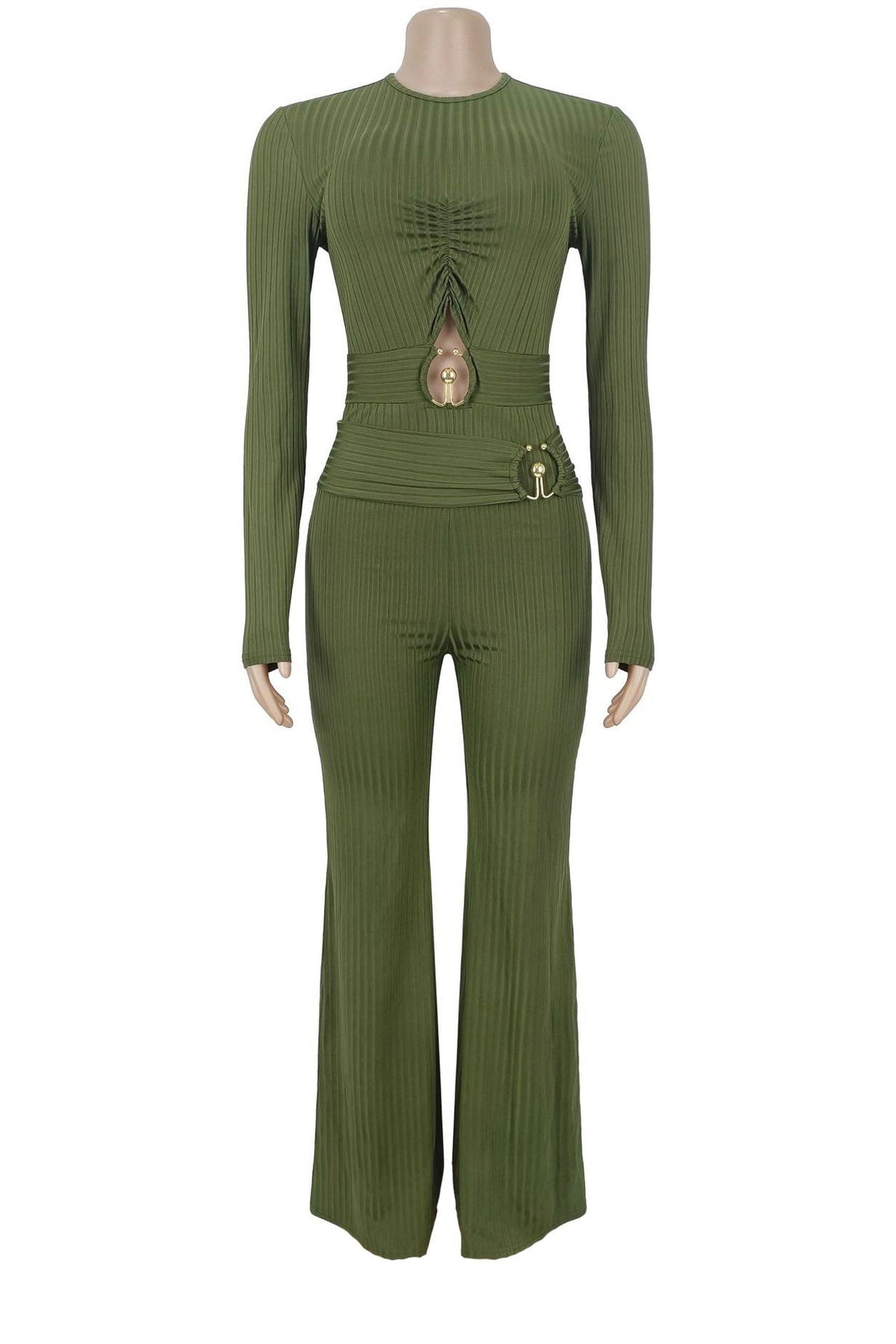 Ribbed Cutout Long-Sleeve Flared Jumpsuit Lavish Daily