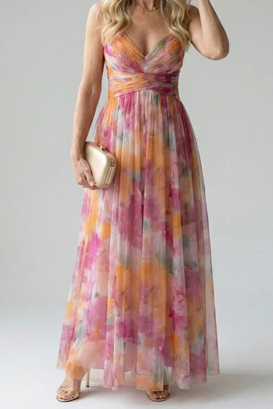 Abstract Chiffon Cutout Backless Maxi Dress LavishDaily