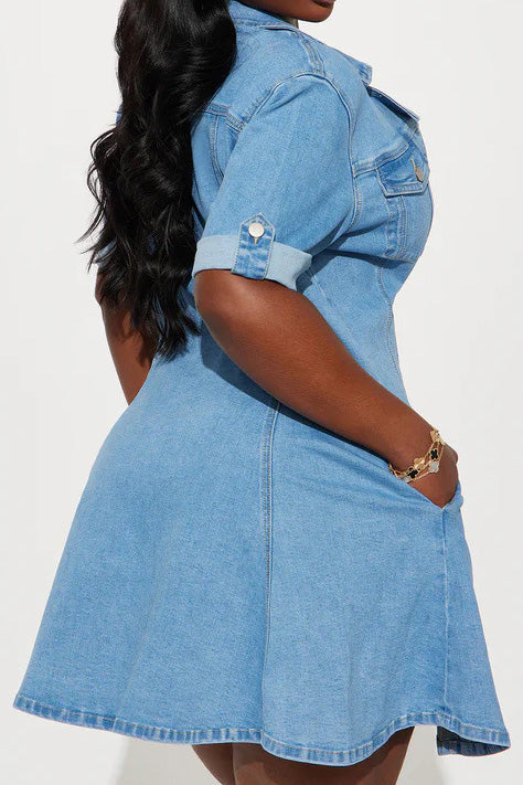 Wash Denim Mini Dress Short Sleeve Button Up Lavish Daily