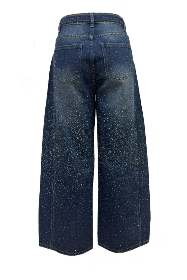 Rhinestone Sparkle Wide Leg Jeans High Waisted Lavish Daily