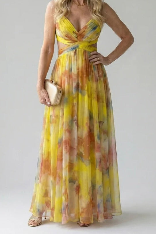 Abstract Chiffon Cutout Backless Maxi Dress LavishDaily