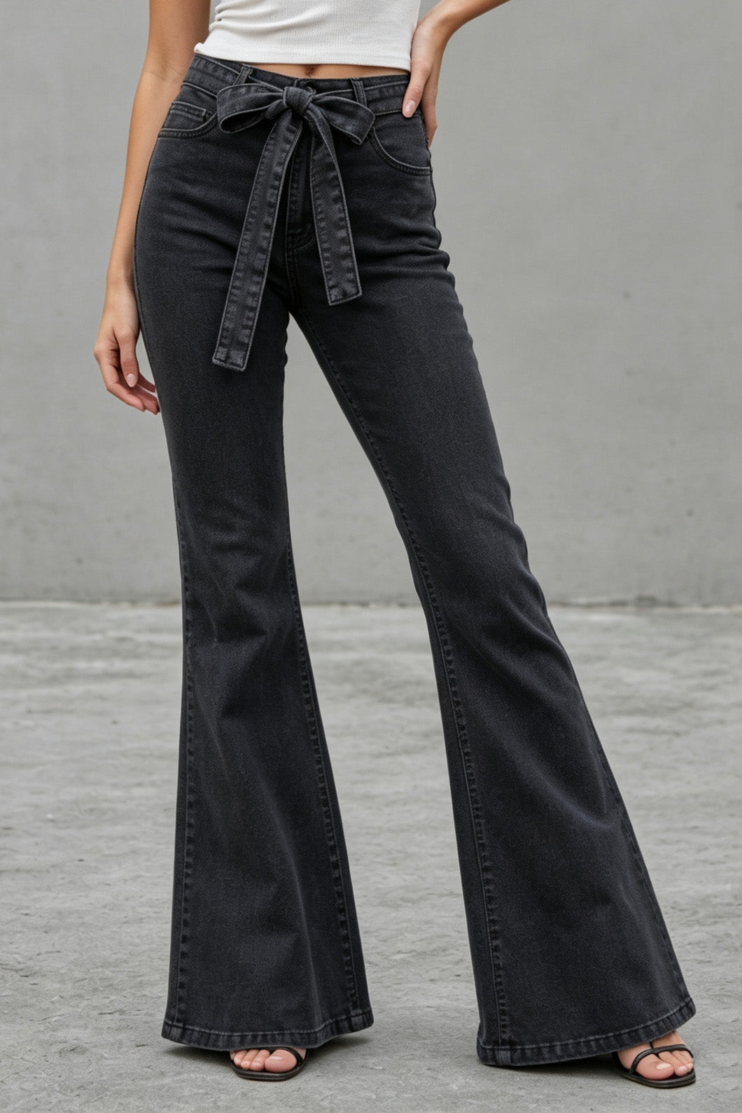 Medium Stretch High Rise Tie Belt Flare Jeans Lavish Daily