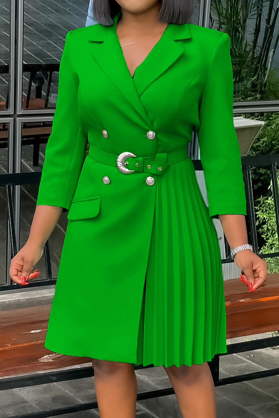 Pleated Patchwork Midi Blazer Dress Lavish Daily