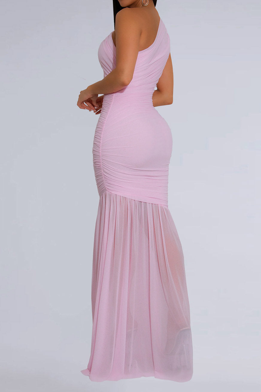 One-Shoulder Ruched Mesh Maxi Dress Lavish Daily