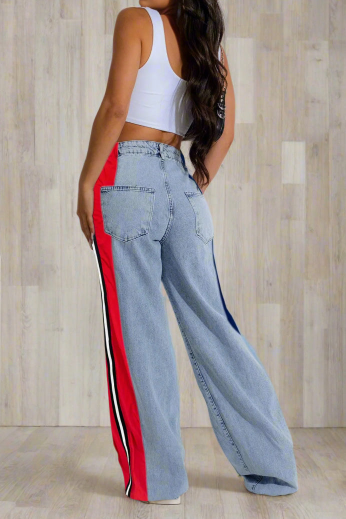 Wide Jeans with Wide Contrast Side Lines-Light Blue Lavish Daily