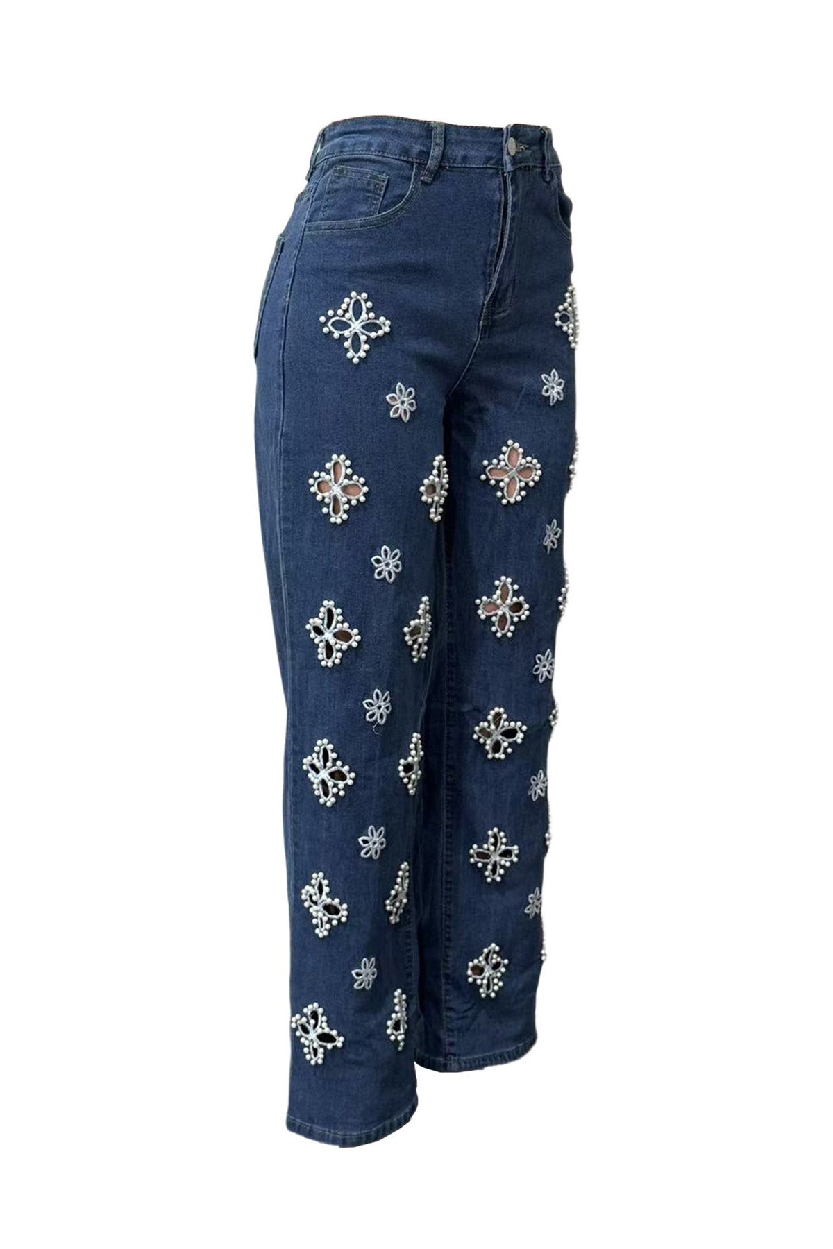Pearl Embellished Floral Cutout Jeans Lavish Daily