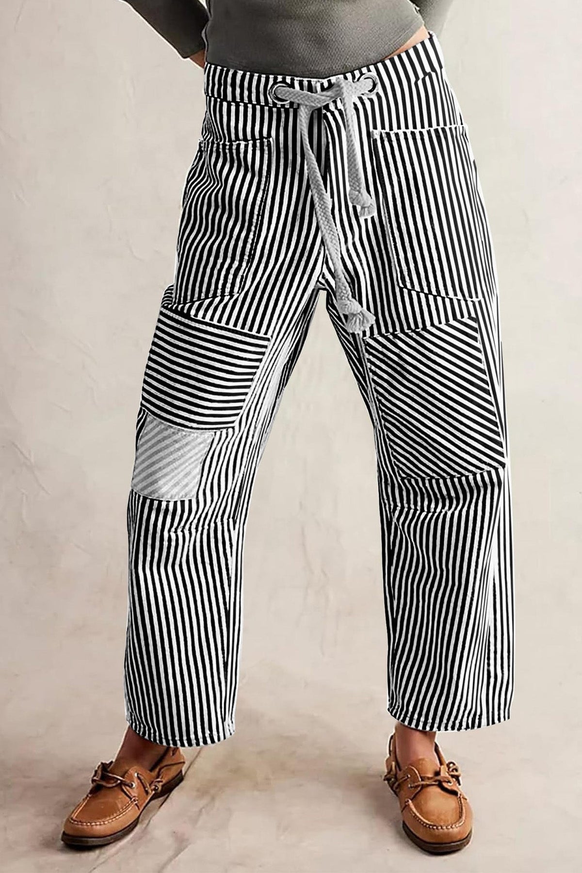Loose Casual Striped Wide Leg Drawstring Trousers Lavish Daily