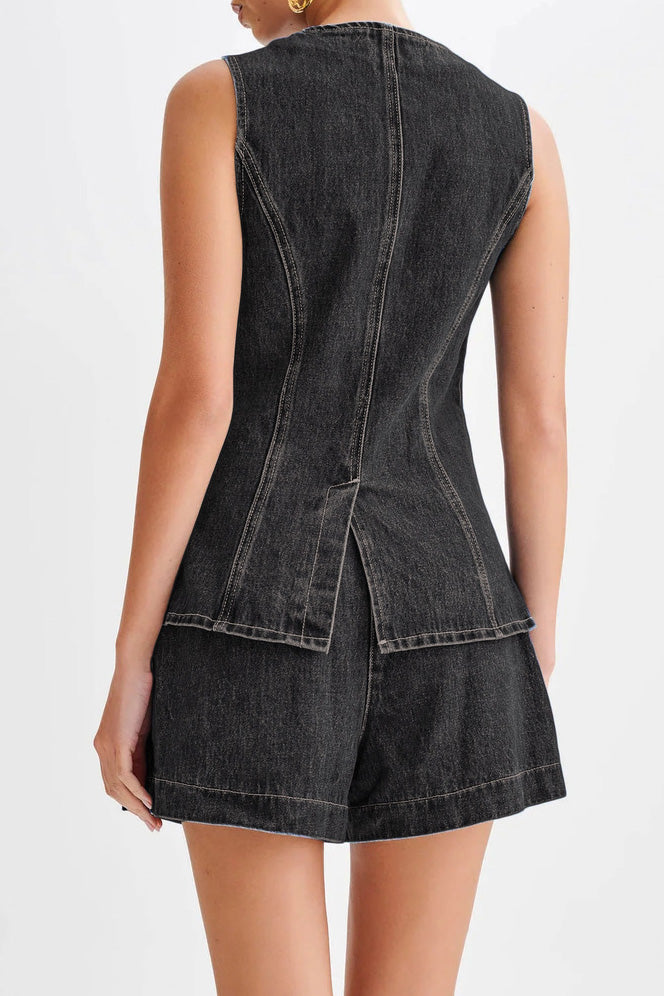 Denim Button-Up Vest & Shorts Set Lavish Daily