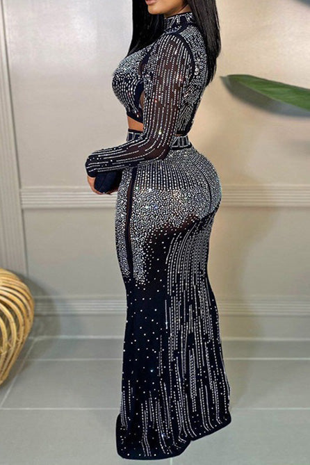 Rhinestone Mesh Illusion Two-Piece Maxi Set Lavish Daily
