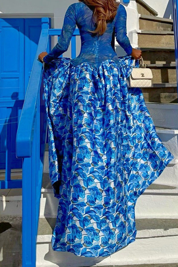 Mock Neck Mesh Floral Maxi Dress Lavish Daily