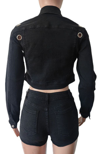 Eyelet Cropped Denim Jacket & Shorts Set Lavish Daily
