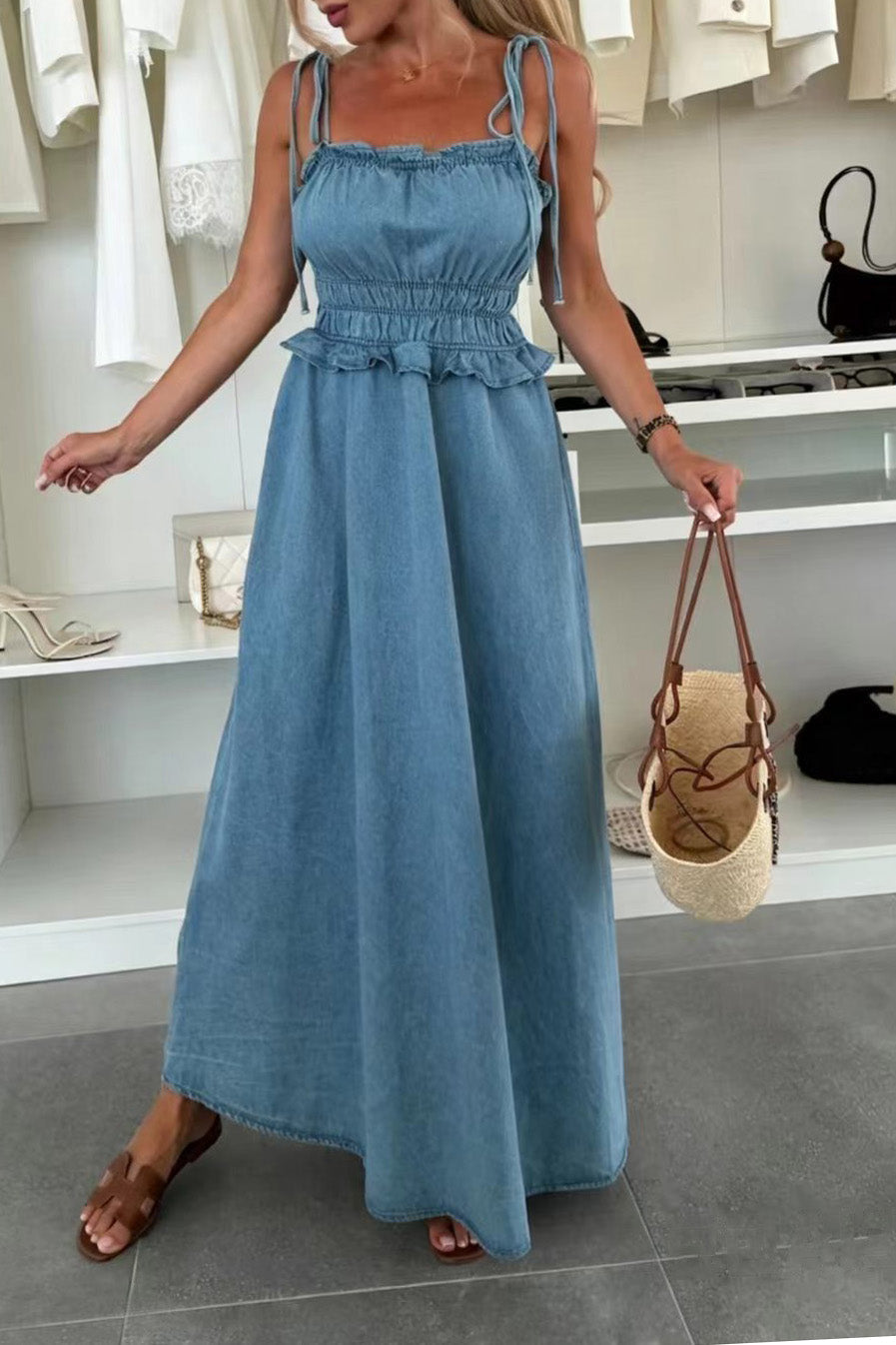Tie-Strap Smocked Waist Denim Maxi Dress Lavish Daily