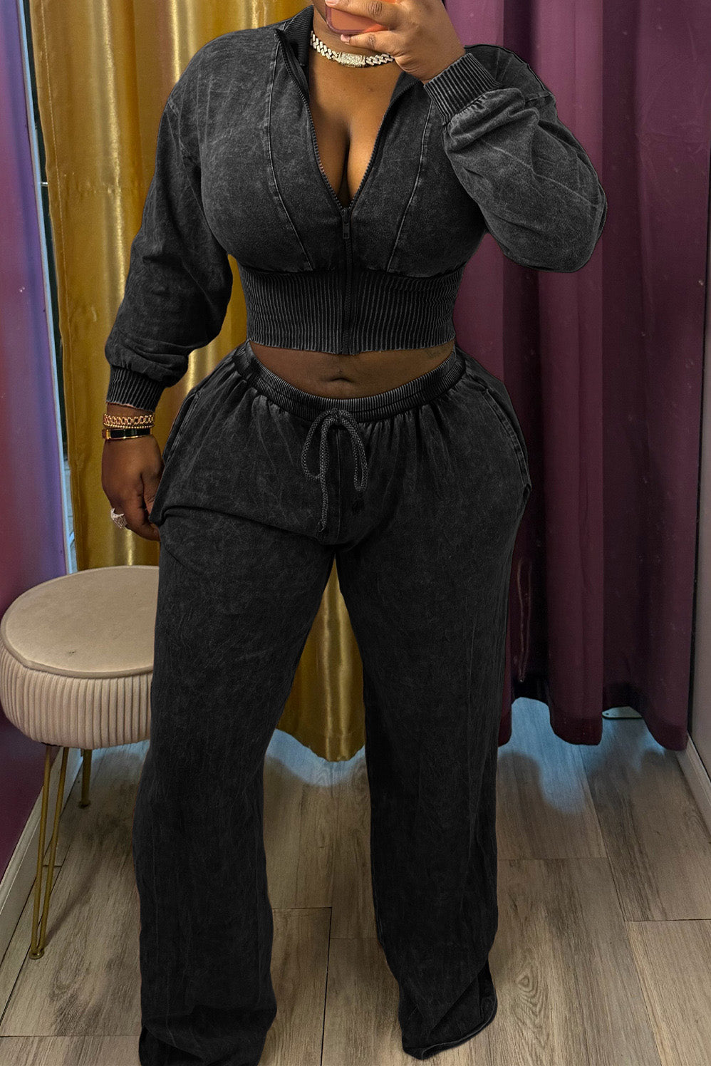 Washed Cropped Zip Jacket Wide Leg Pants Set Lavish Daily