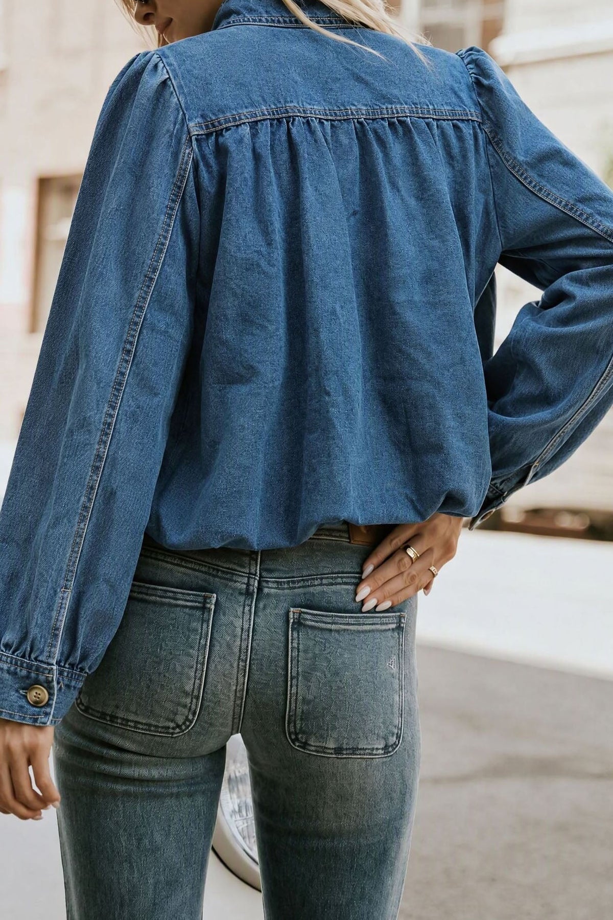 Puff-Sleeve Stand-Collar Denim Jacket Lavish Daily