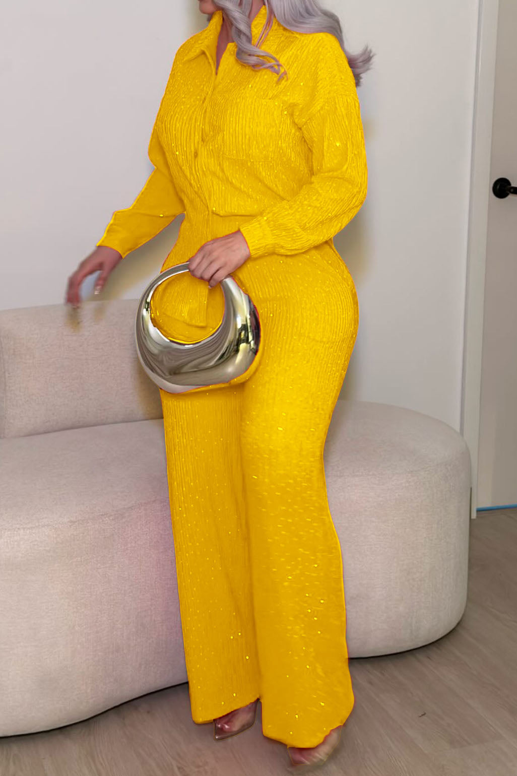 Textured Button-Down Shirt & Pants Set Lavish Daily