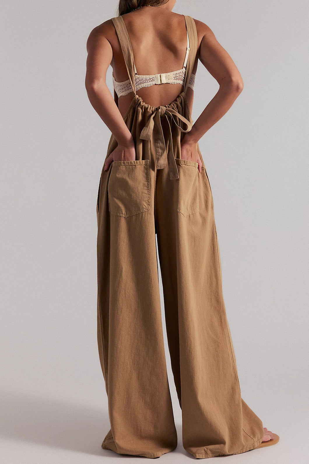 Slouchy Tie-Back Wide Leg Denim Jumpsuit Lavish Daily