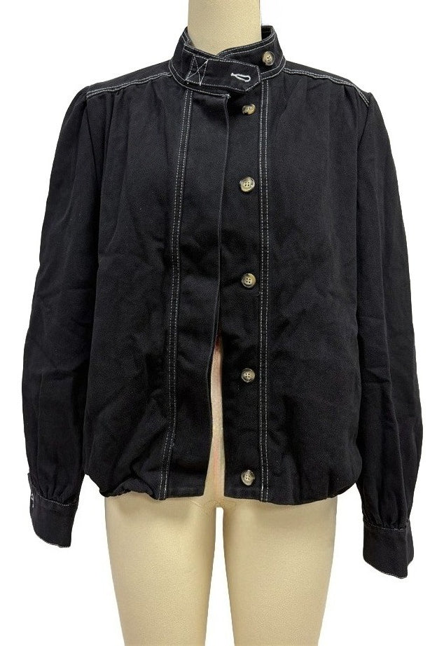 Puff-Sleeve Stand-Collar Denim Jacket Lavish Daily
