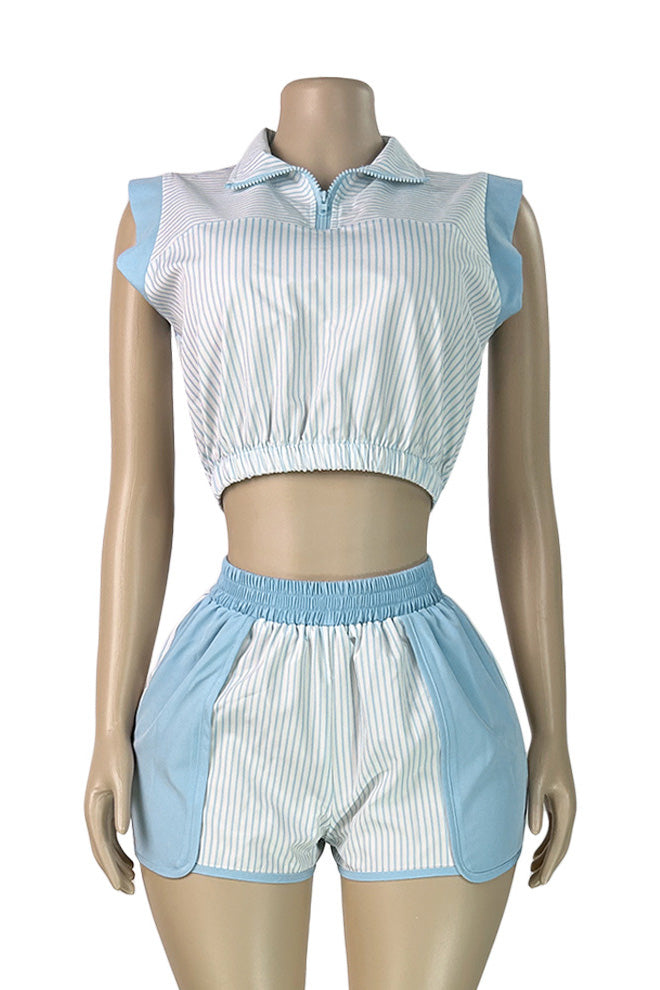 Contrast Panel Striped Half-Zip Top & Shorts Set Lavish Daily