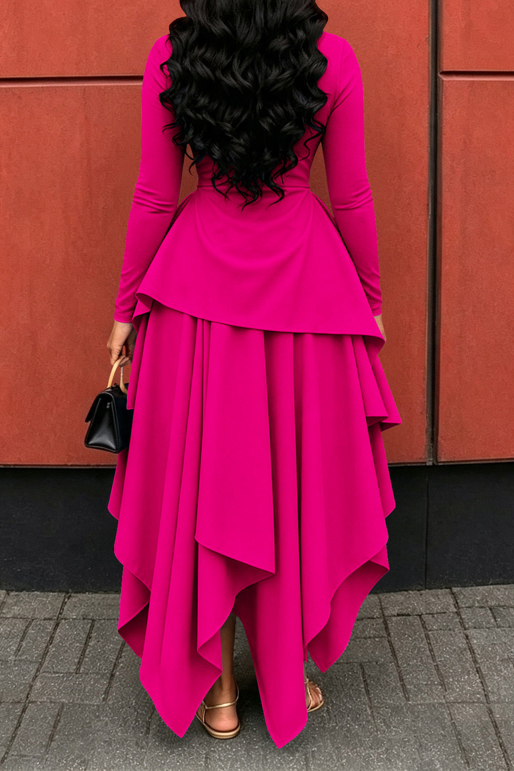 Long-Sleeve Ruffle Hem High-Low Dress Lavish Daily