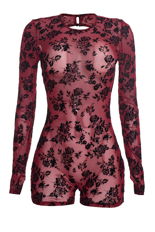 Floral Mesh Backless Long-Sleeve Romper Lavish Daily