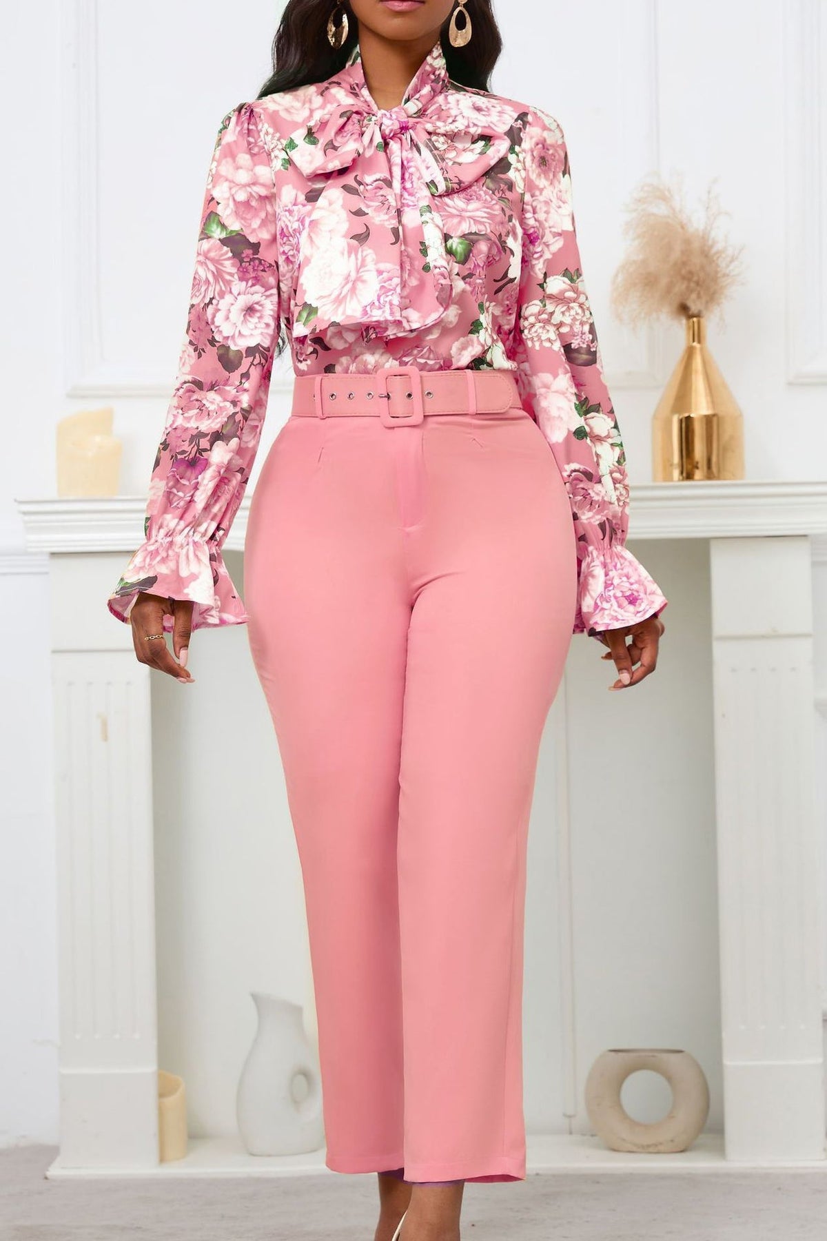 Floral Printing Blouse Solid Color Pants Set Lavish Daily