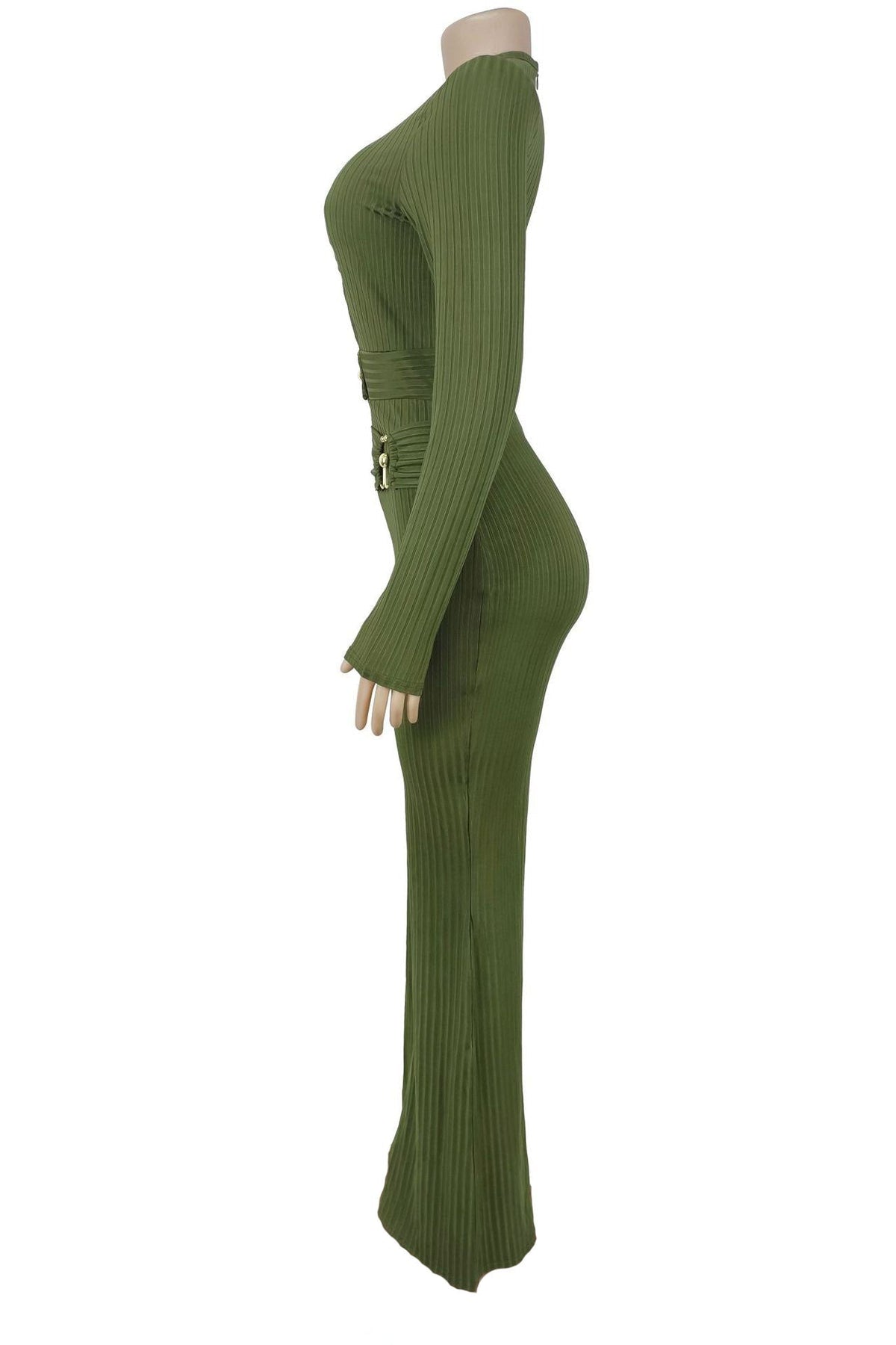 Ribbed Cutout Long-Sleeve Flared Jumpsuit Lavish Daily