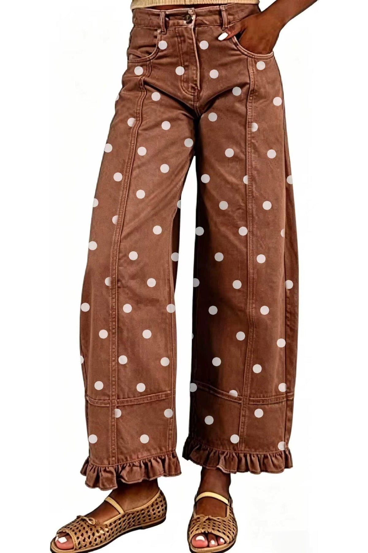 Polka Dot Wide Leg Jeans with Ruffle Hem Lavish Daily