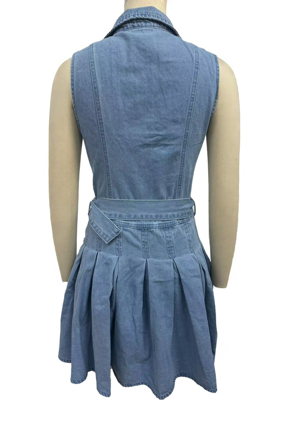 Belted Pleated Denim Mini Dress Sleeveless Lavish Daily