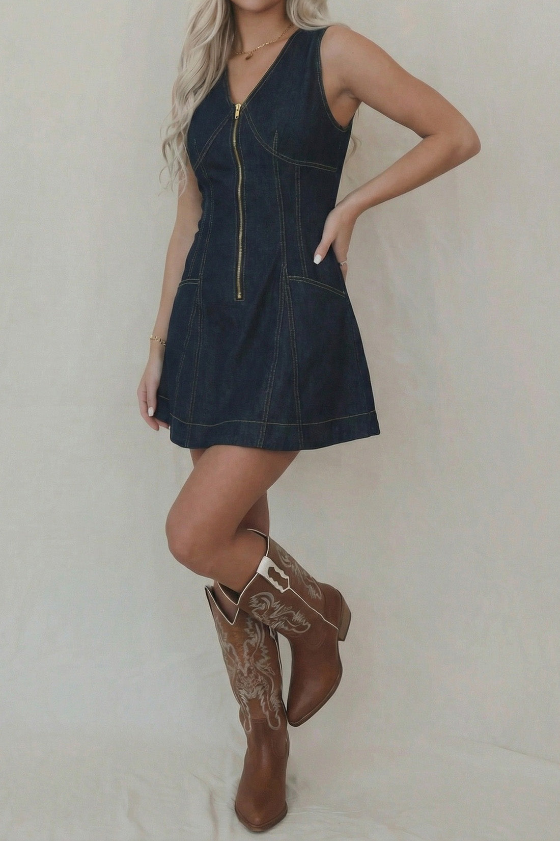 Zip Front Denim Mini Dress Slim Fit Flare Lavish Daily