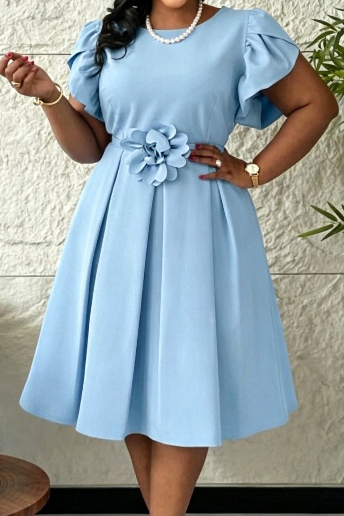 3D Floral Flutter Sleeve Pleated A-Line Midi Dress Lavish Daily