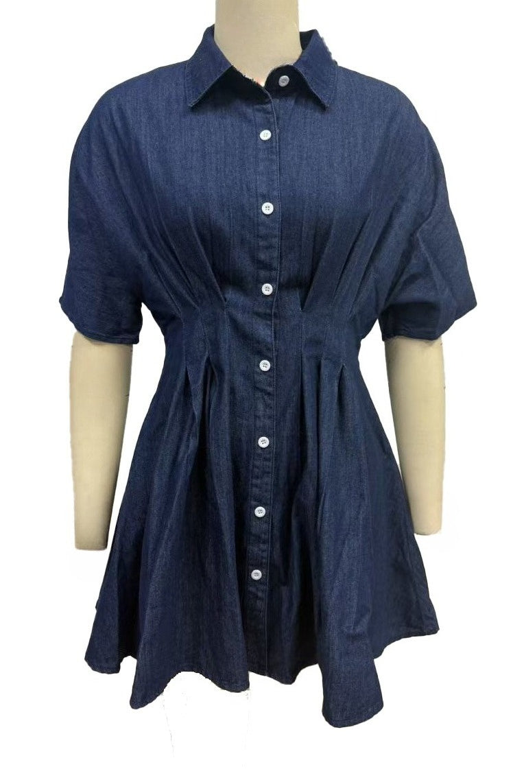 Dark Wash Pleated Waist Denim Mini Dress Lavish Daily