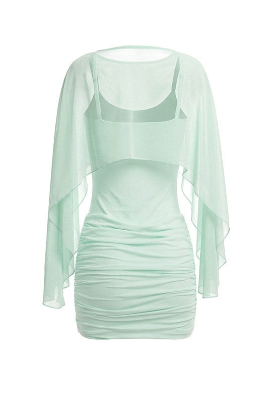 Ruched Mini Dress with Sheer Cape Overlay Lavish Daily