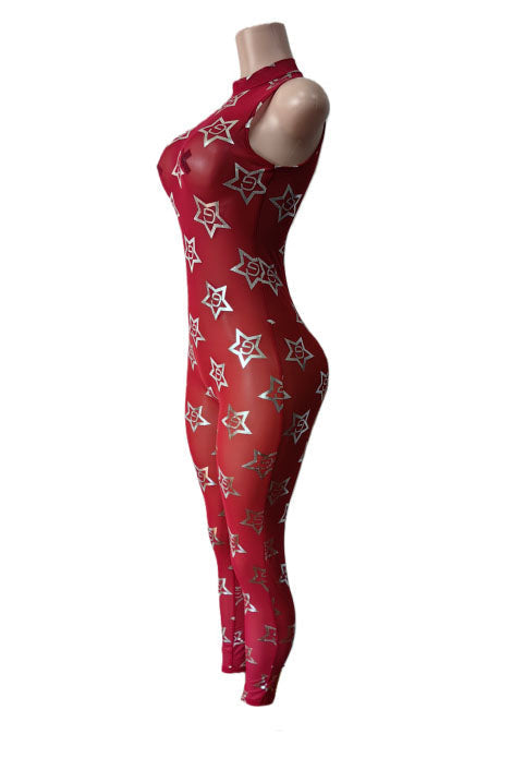 Metallic Star Print Mesh Jumpsuit Lavish Daily